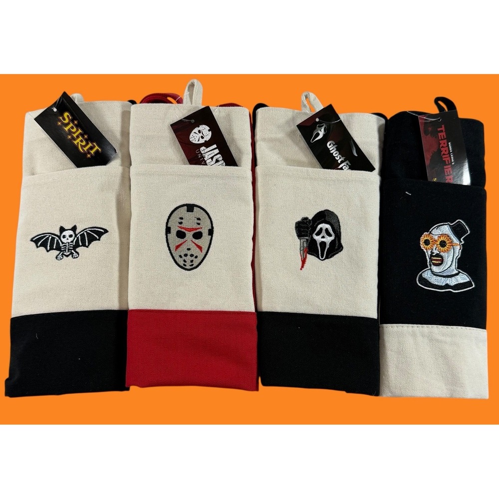 Spirit Halloween 🎃 2026 Mini Horror Embroidered Canvas Tote Bags Lot of 4 NWT